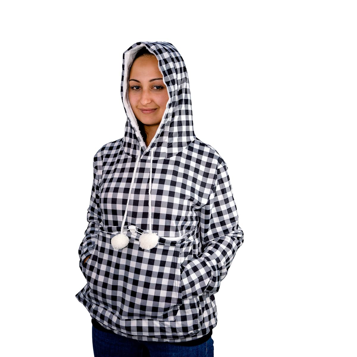 Pet Pouch Hoodie - Cat Dog Holder Sweatshirt Large Pocket Carrier Pullover Tops for Women (Black+White, Large)