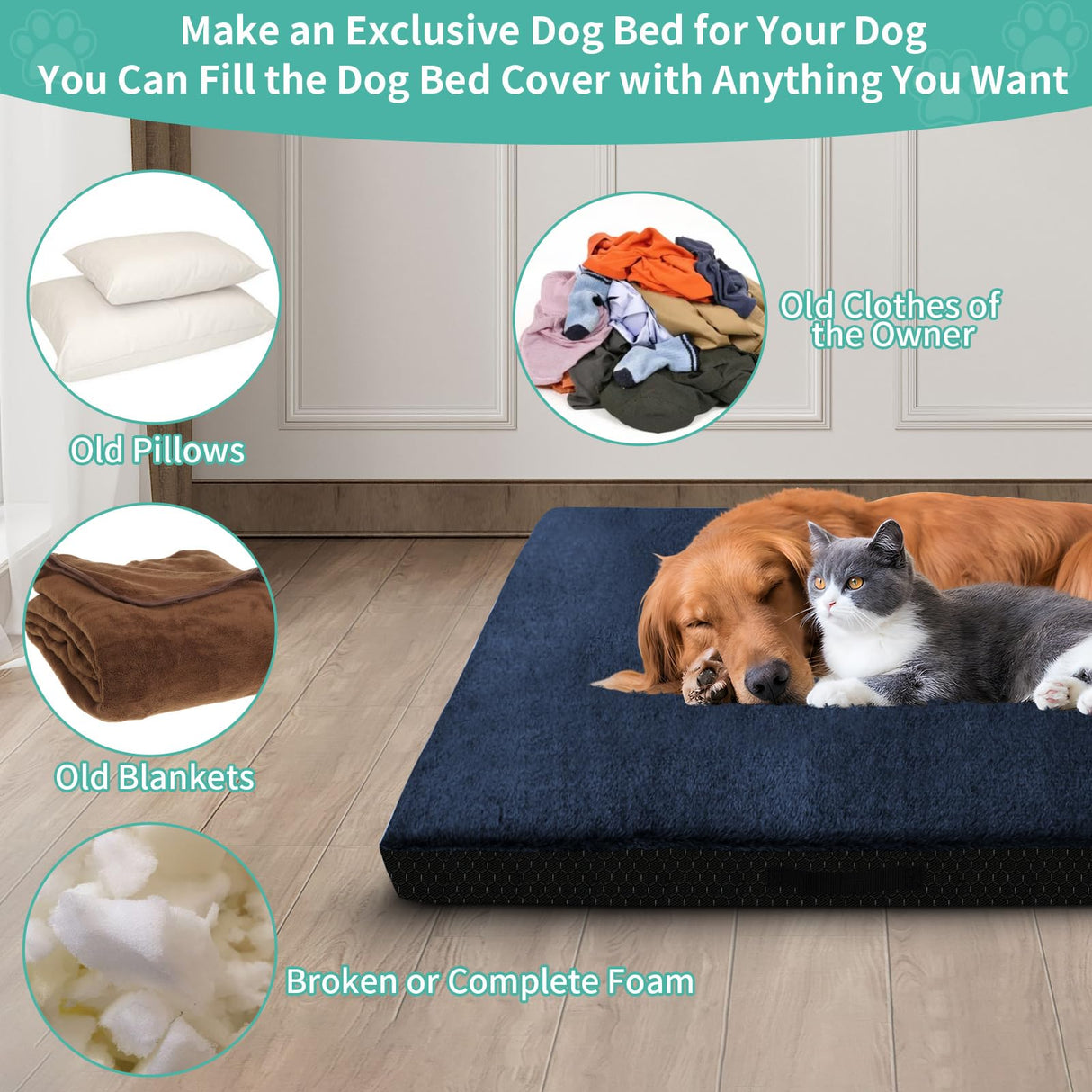 COSHNIBI Dog Bed Covers Replacement Washable,Waterproof Bed Covers Soft Plush Replacement with Zipper & Removable for Dog/Cat 44''Lx32''Wx4''H-Navy Blue