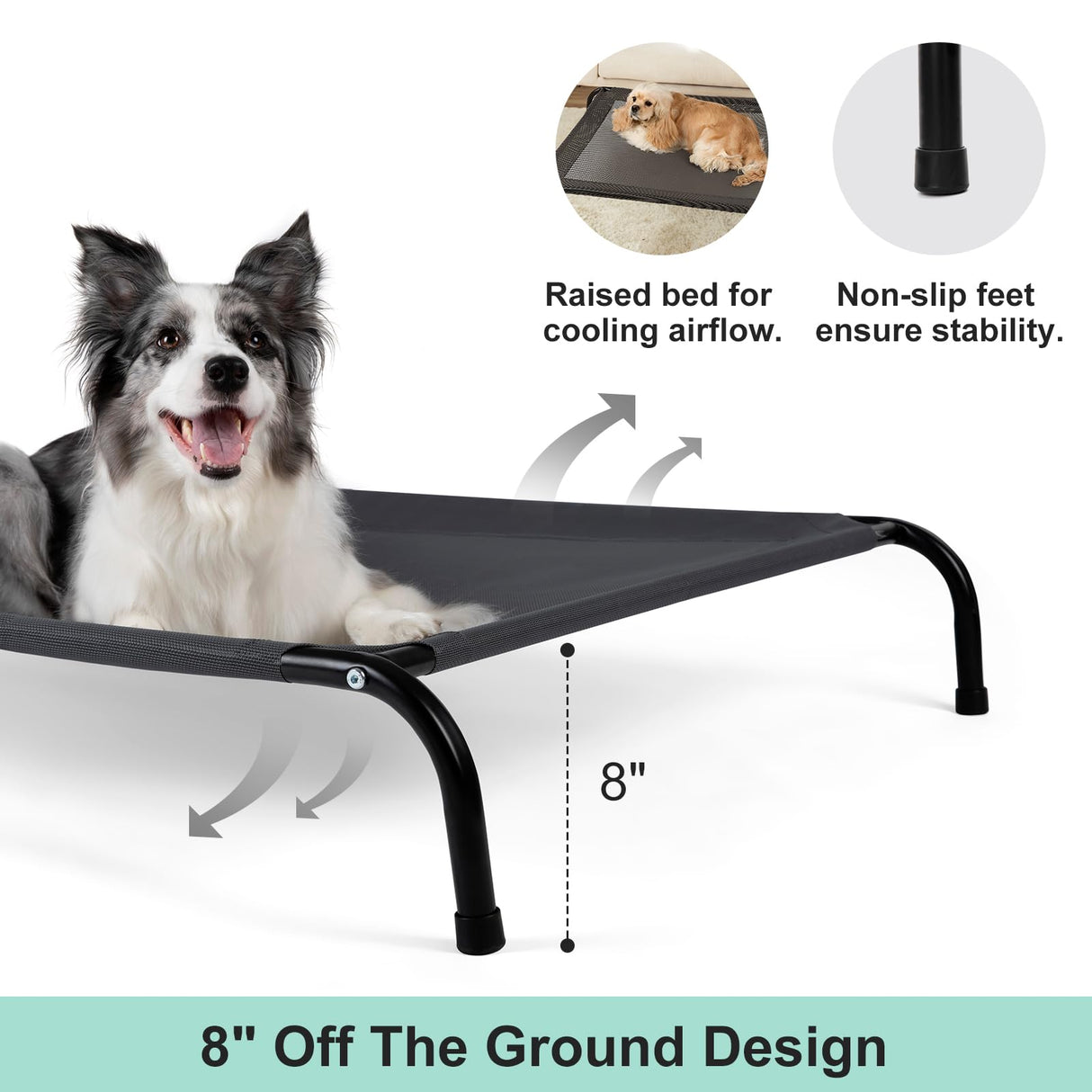 SIEMOUR Cooling Elevated Dog Bed for Extra Large Dogs with Non-Slip Floor Protectors & Breathable Mesh, XL Raised Indoor & Outdoor Dog Cot Hammock, 54" L x 35" W x 8" Th, X-Large, Grey