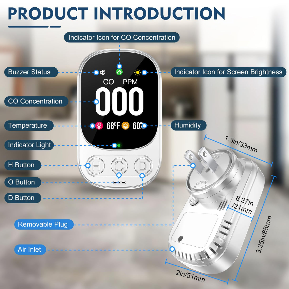 Lunarlipes Carbon Monoxide Detector Plug in Wall, 3-in-1 CO Level Monitor Alarm with Temp/Humidity Sensor, Portable Carbon Monoxide Detectors Easy to Read & Install, for Home/Hotel/RV (White-2Pack)