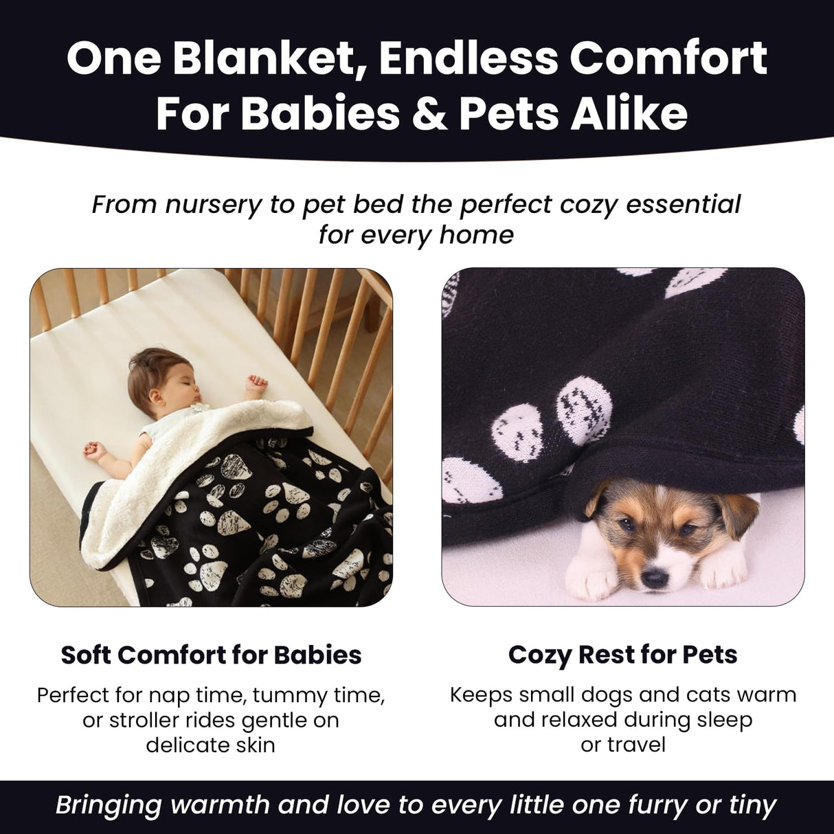 Baby & Pet Blanket 100% Cotton with Sherpa Fleece – Soft Stroller & Cuddle Blanket for Baby, Dog & Cat – Breathable, Hypoallergenic, Washable – 76×96 cm All-Season Blanket Black