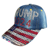 Gamusi Trump 2024 Baseball Cap Denim Distressed Bling Rhinestone Hat USA Flag Cap Adjustable Unisex (2024 Flag)