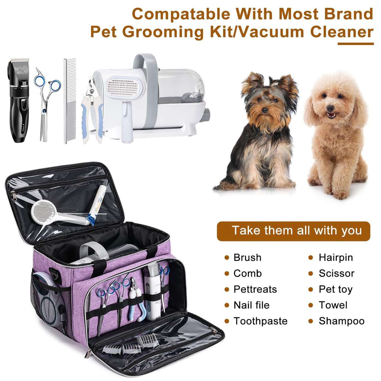 BABEYER Dog Grooming Vacuum Bag, Pet Grooming Kit Bag Perfect for Dog Hair Vacuum & Grooming Tool Kit Accessories- Purple