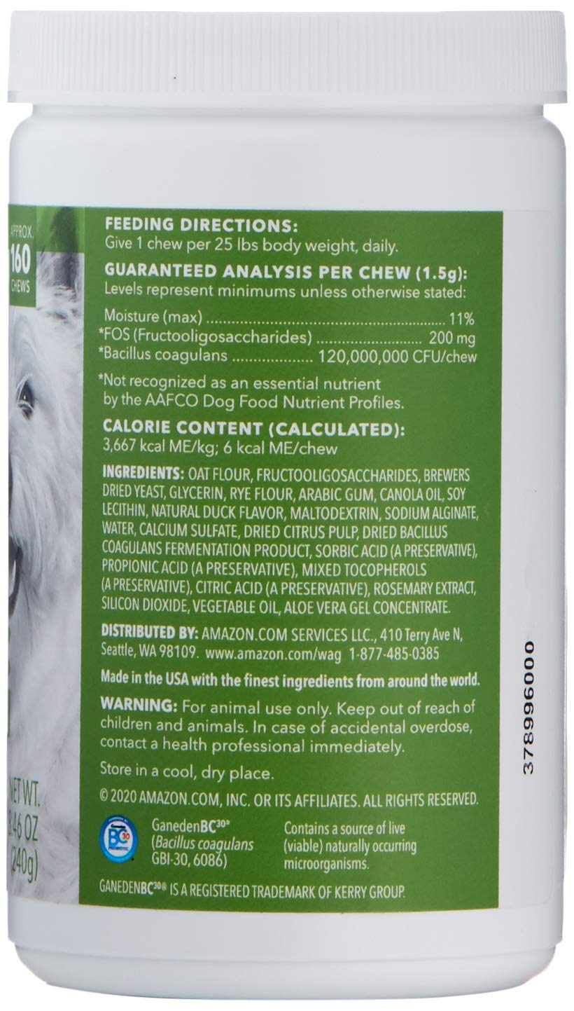 Amazon Brand - Wag Probiotic Supplement Chews for Dogs, Supports Digestive Health and Gut Flora, Natural Duck Flavor, 160 Count, Pack of 1