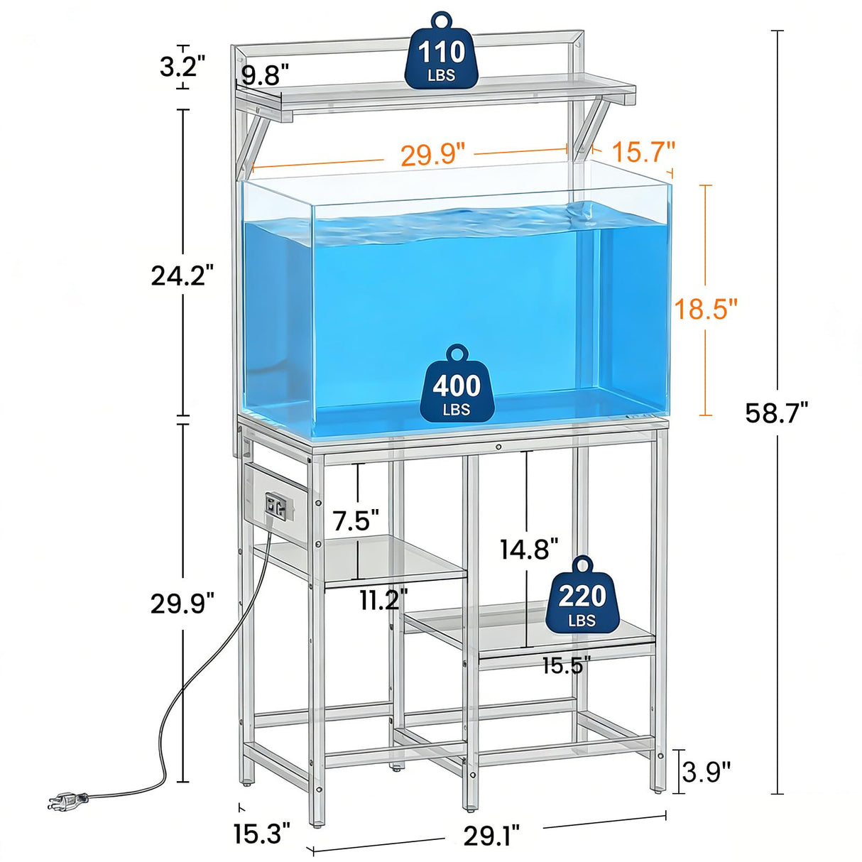 20-29 Gallon Fish Tank Stand, Aquarium Stand with Power Outlet, Heavy-Duty Reptile Terrarium Stand Table with 6-Leg Support and 4-Tier Adjustable Storage Shelves