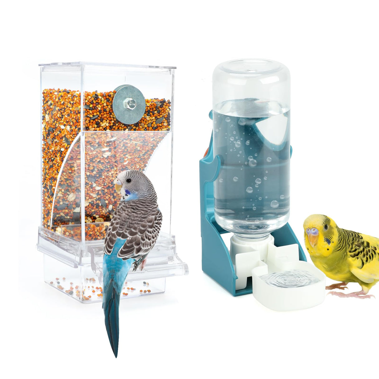 Rypet No Mess Bird Water Feeder Dispenser Set Automatic Bird Feeder Transparent Food Container Cage Acrylic Parrot Feeders Accessories for Small Birds Parrot Cockatoo Canary