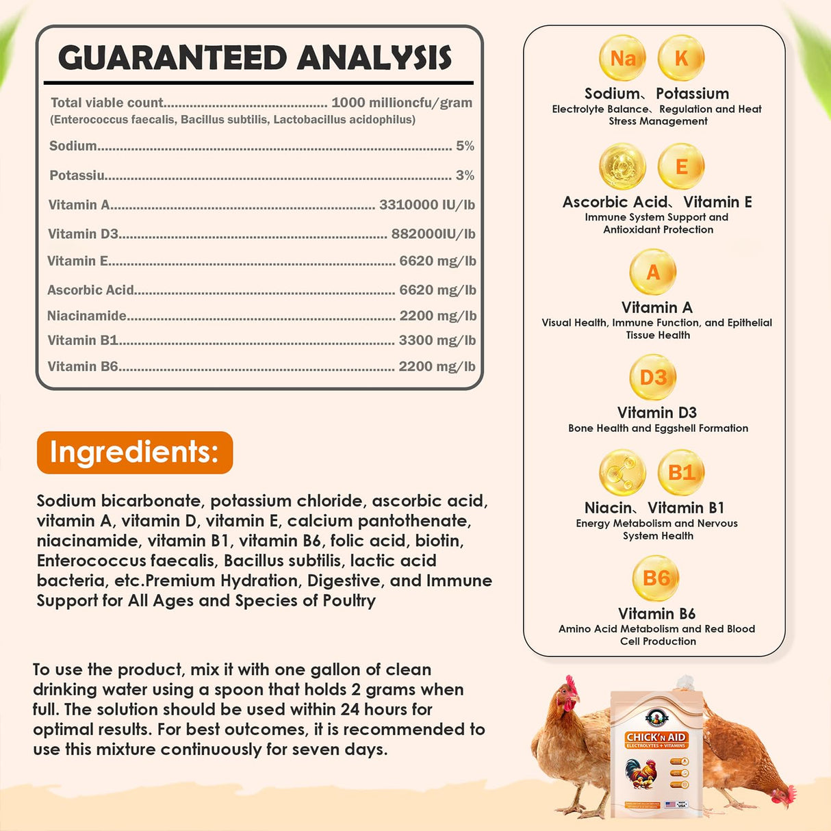 CanineGluca Chick’n Aid, 8 oz Essential Chicken Supplement, Ideal for Hydration, Immunity, Digestive Health. Enhanced with Poultry Vitamins, Electrolytes, and Probiotics, for Chickens, Ducks, Turkeys