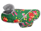 VIVAGLORY Snowrap Dog Coat, Jacket with Harness Hole, Dog Coat for Winter & Cold Weather, Fluffy Warm Fleece Lined Reflective Water Resistant for Puppy, M, Northeast Florals-Green