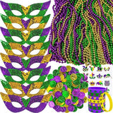 Winlyn 144 Pcs Mardi Gras Party Accessories Set Bulk Mardi Gras Bead Necklaces Masquerade Mardi Gras Coins Temporary Tattoos Rubber Bracelets for Mardi Gras Parade Masquerade Party Décoration