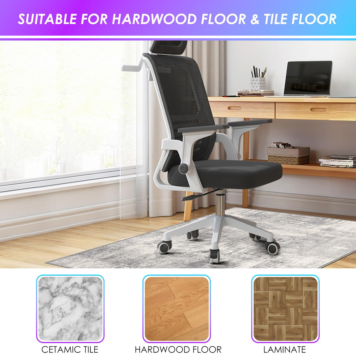 Kuyal Office Chair Mat for Hardwood Floor, 36 x 55 inches Computer Gaming Chair Mats, Low Pile Carpet Desk Chair Mat, Anti-Slip Floor Mats Wood/Tile Protection Mat(36'' x 55'', Modern Gray)