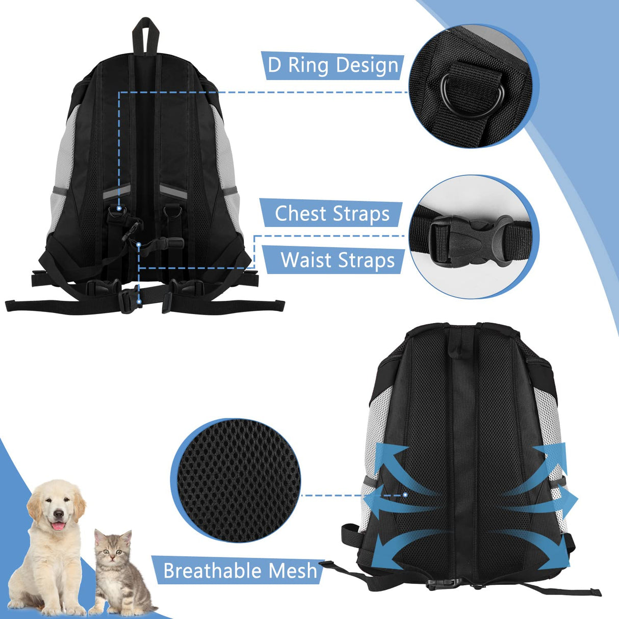 Dog Carrier Backpack Pet Puppy Carrier Front Pack Breathable Head Out Design with Reflective Safe Dog Backpack Carrier for Small Medium Dogs Cats Rabbits