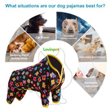 LovinPet Clothes for Labrador Pajama, Anxiety Calming Shirt,Anti Licking Dog Pajamas, Lightweight Fabric, Vintage Happy 2 Quilted Multi Print, Large Dog Pjs, Pitbull Clothes, Black Yellow M