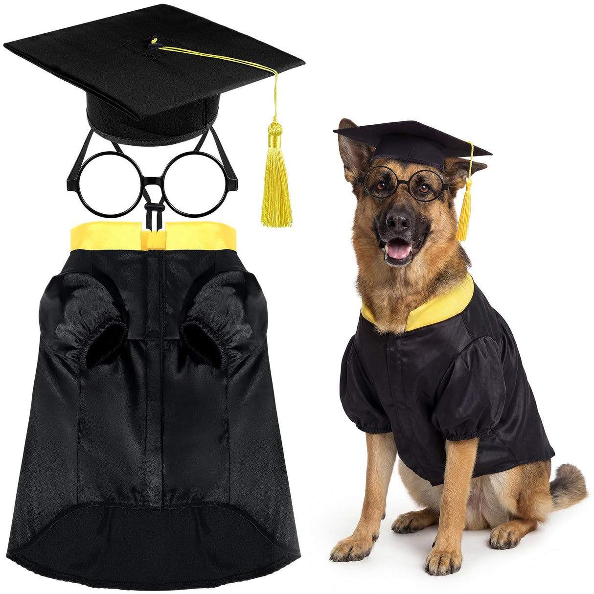 Huhumy 3 Pcs Dog Graduation Costume Set Include Pet Graduation Gown Adjustable Puppy Grad Cap with Gold Tassel Lensless Glasses for Dogs Cats Holiday Costume Accessory(Black,XL)
