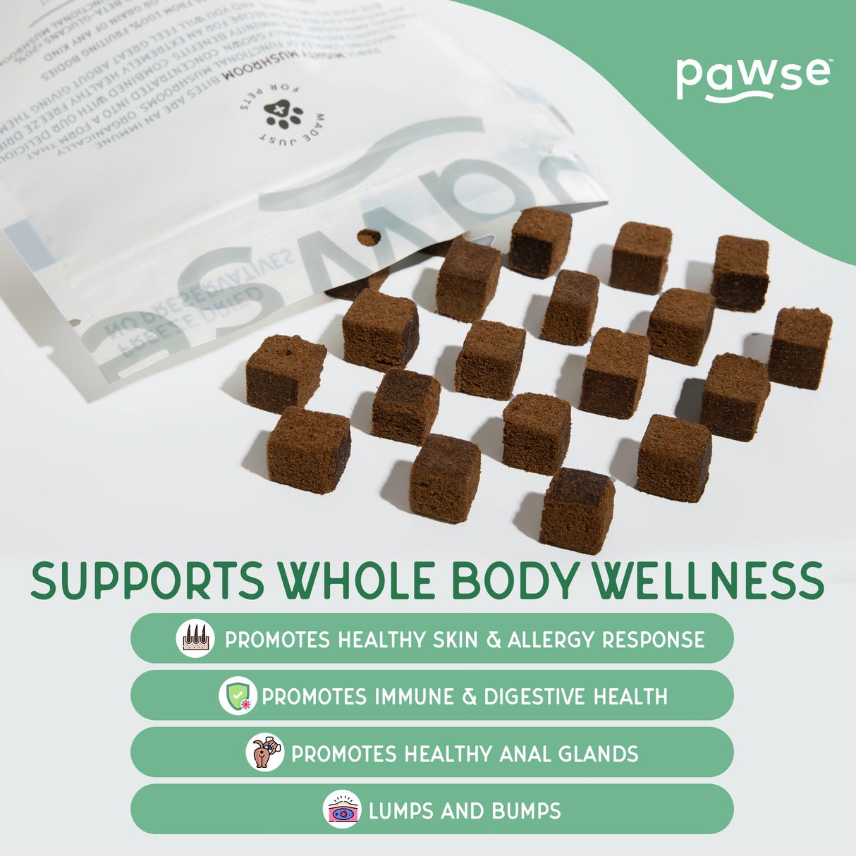 Pawse Mighty Mushroom Chews Supplement for Dogs & Cats | Blend of Turkey Tail, Reishi, Chaga, Maitake & Shiitake | for Immune System, Lumps & Bumps, Gut Health & Skin Support | 60 Chews