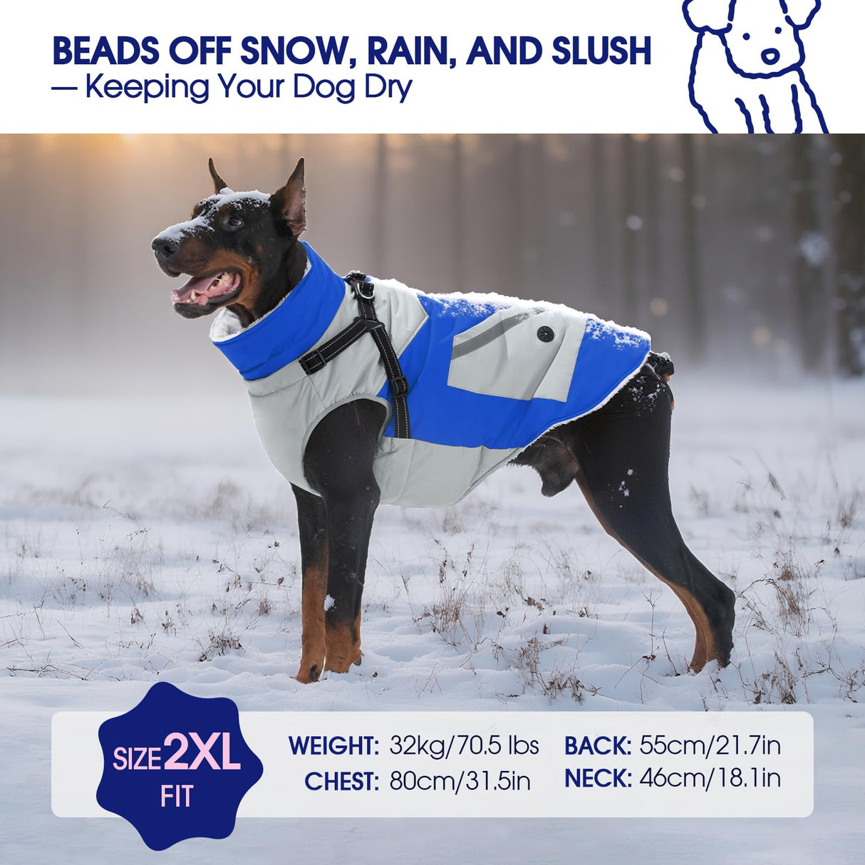 FUAMEY Dog Winter Jackets for Large Dogs,Dog Coat with Harness Built in,Waterproof Dogs Snowsuits Warm Pet Jacket Zip Up Fleece Cold Weather Coats Reflective Puppy Vest with Pocket Blue XL