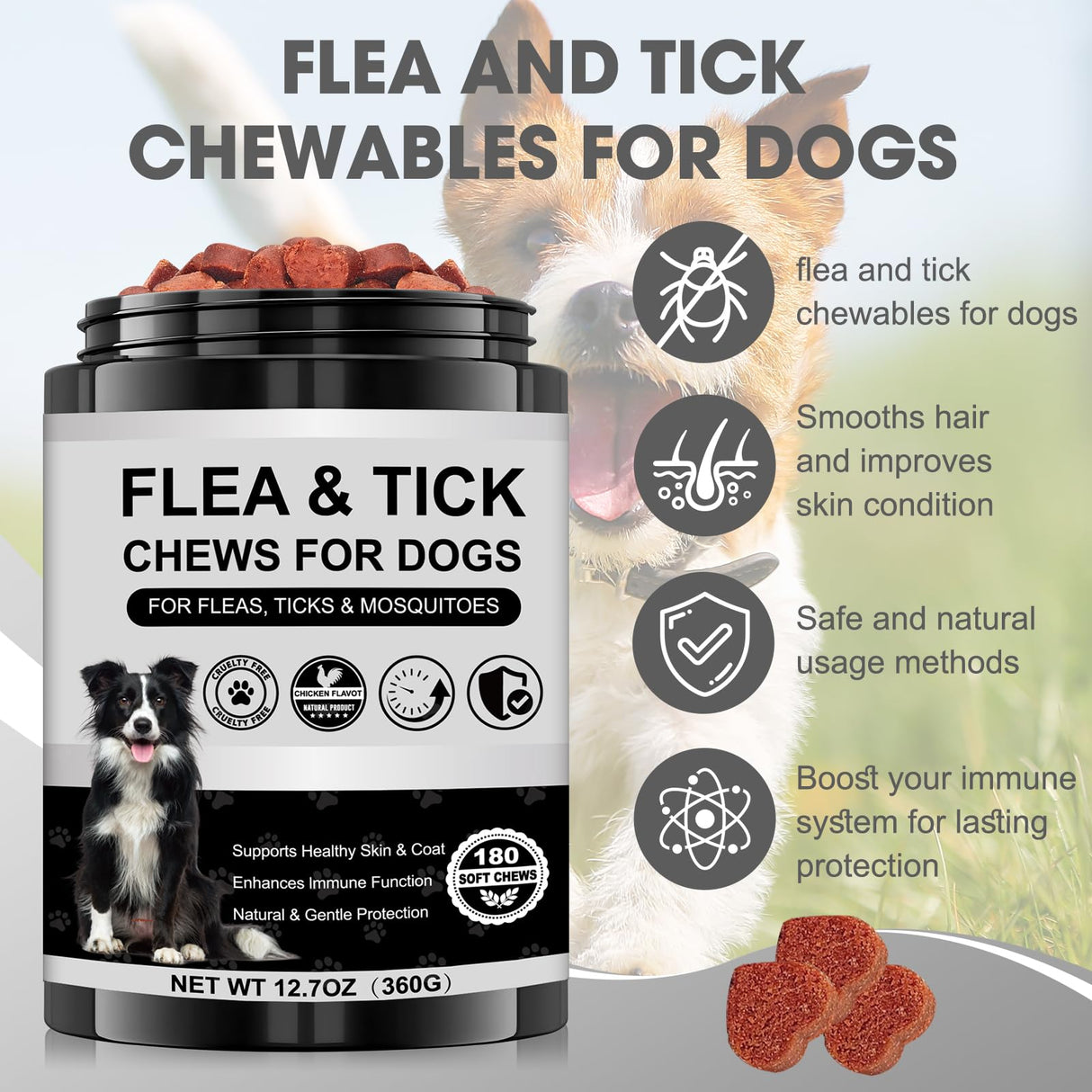 Dog Flea and Tick Chewable Supplement – Natural Support for Skin & Coat Health, Seasonal Comfort & Itch Relief – 180 Soft Chews with Chicken Flavor for Dogs & Puppies (180pcs)