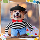 Dansydaisy Halloween Dog Costume Funny French Artist Dog Costume with Hat Painter Pet Clothes T-Shirt Jeans Beanie Beret Ties for Halloween Cosplay Brithday Party(S)