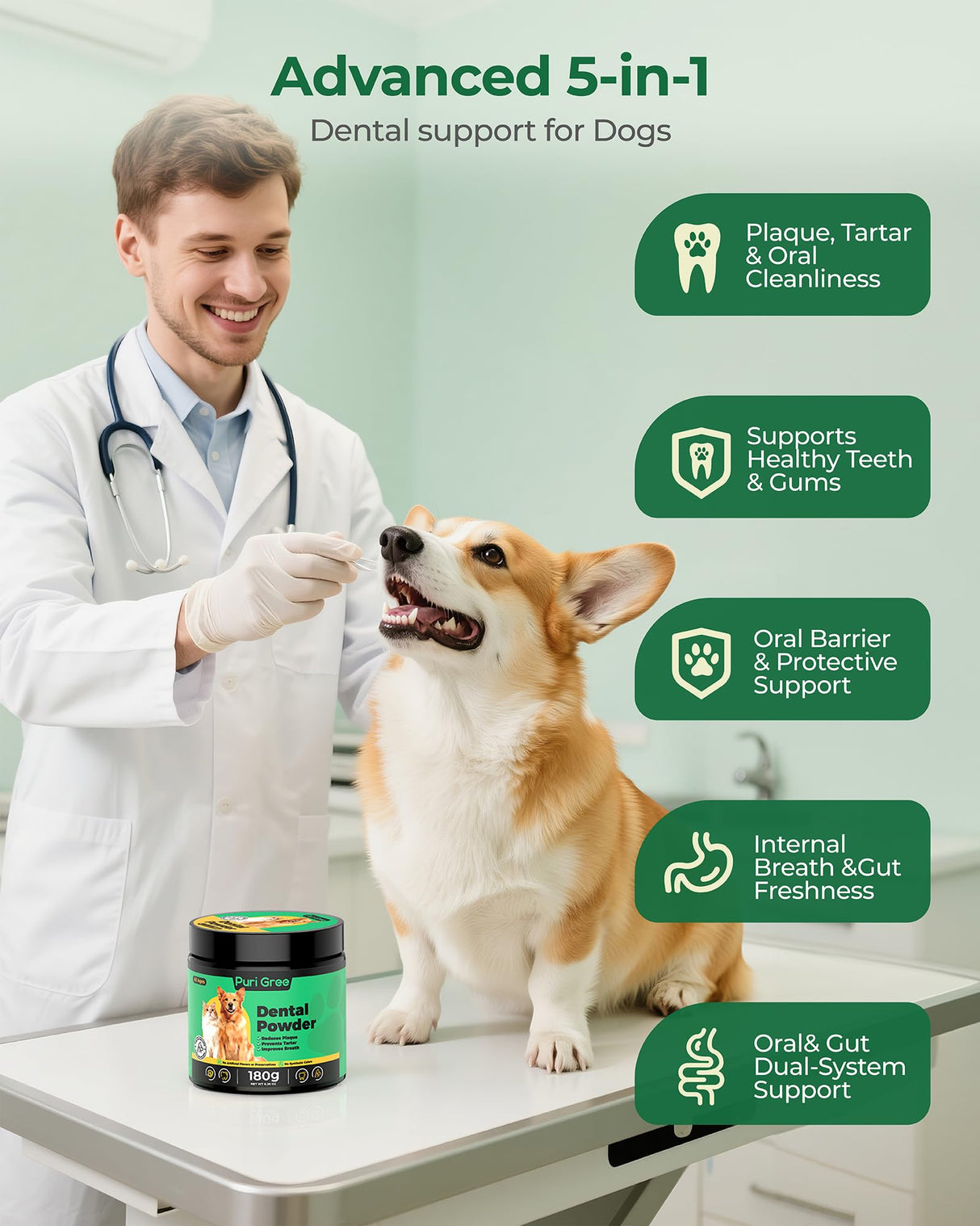PuriGree Dog Dental Powder, Dog Teeth Natural Cleaning Powder, Dogs Breath Freshener, Enzymes & Probiotic with Plaque and Tartar Off, Pets Tooth Cleaning 180g/6.36 oz