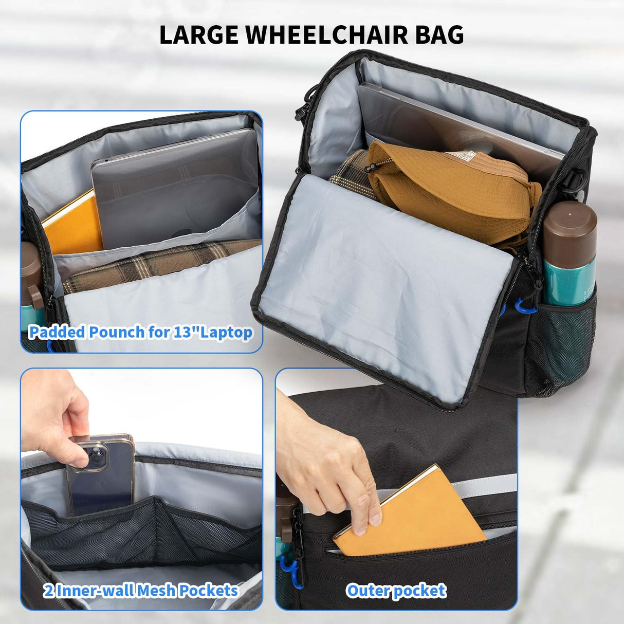 ZHCHG Wheelchair Bag, Wheelchair Backpack with Cup Holder, Wheelchair Bag to Hang on Back, Electric & Wheel Chair Accessories, Large Storage Bag for Walker Rollator