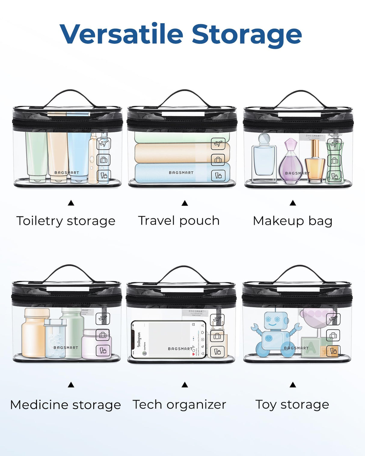 BAGSMART TSA Approved Toiletry Bag, 2 Pack Clear Makeup Cosmetic Bag Organizer, Quart Size Travel Bag for Toiletries, Carry-on Travel Accessories Essentials, Black-2pcs