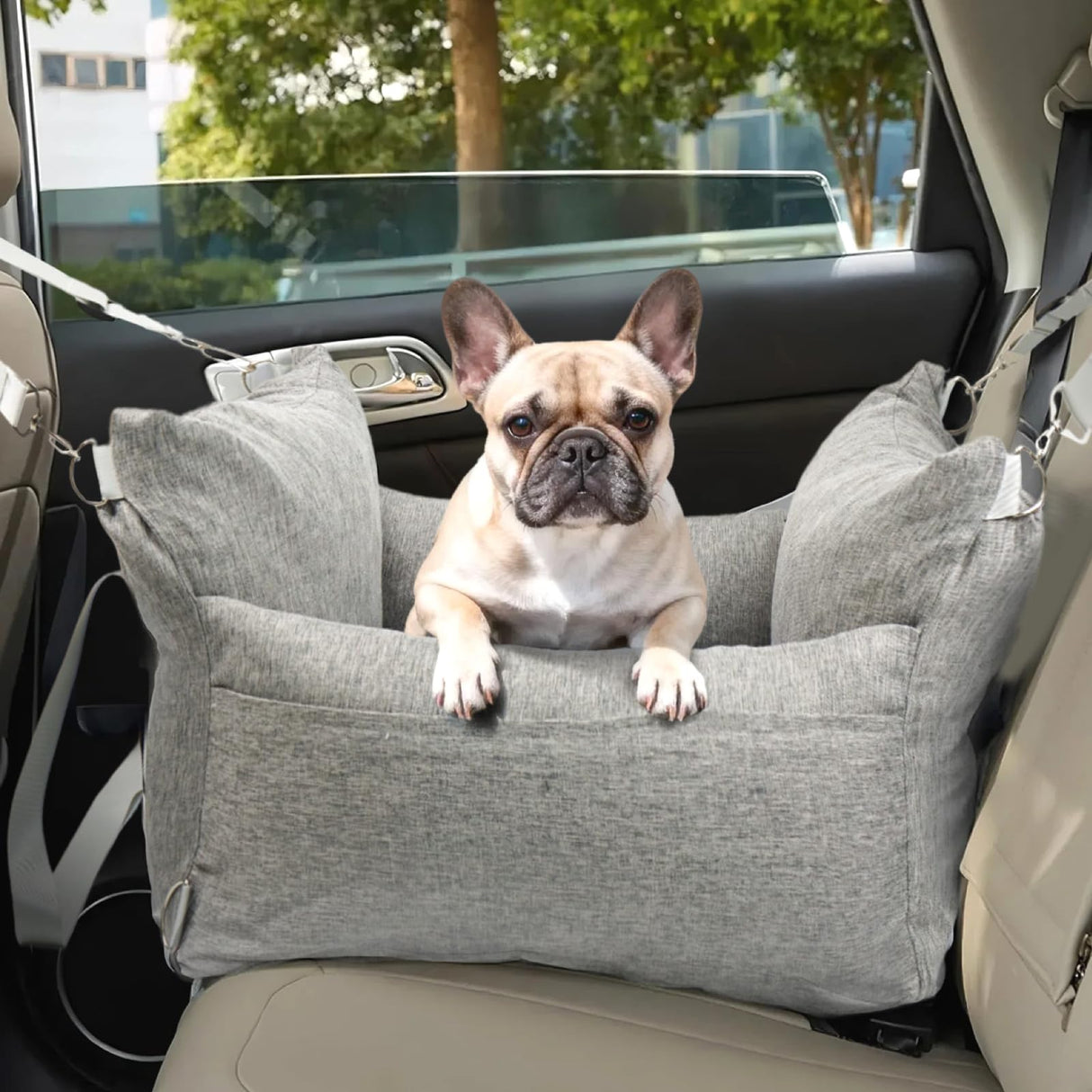 HAZOOWILL Pet Car Booster Seat for Small Dogs up to 25 lbs with Safety Straps, Storage Pockets, Travel Carrier Bed with Detachable Cover, Machine Washable (Light Gray)
