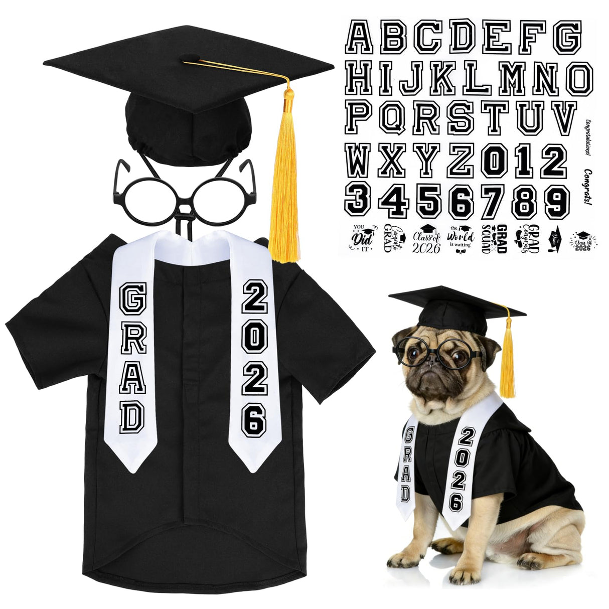 6 Pcs Dog Cat Graduation Cap and Gown Include 2026 Pet Graduation Gown Stole Puppy Grad Cap Lensless Glasses DIY Letter Stickers for Dogs Cats Holiday Costume Accessory (Black, Medium)