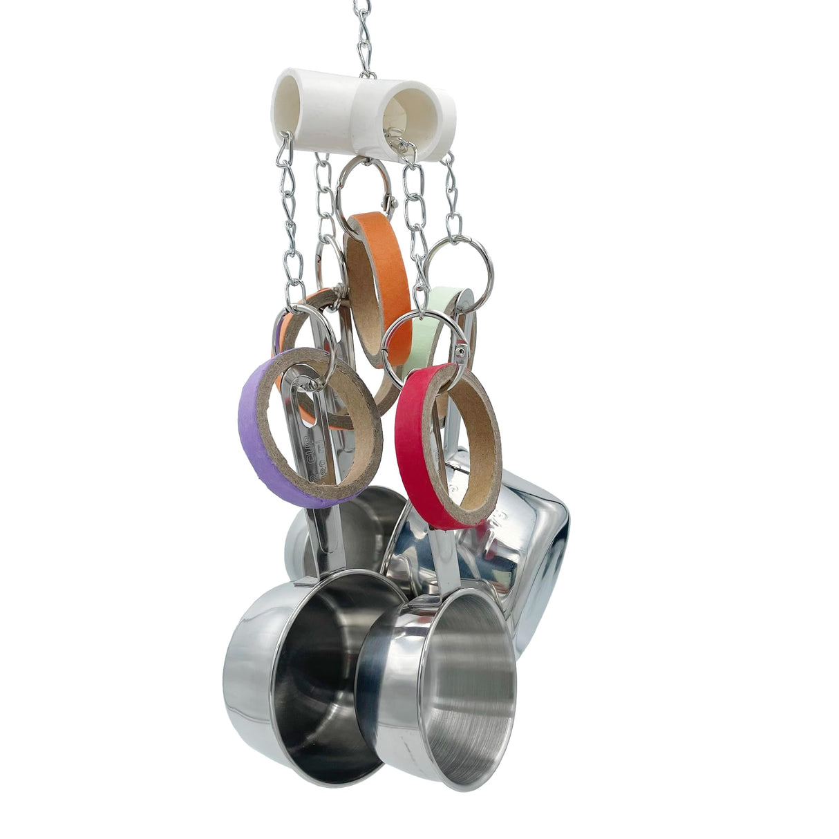 GILYGI Durable Bird Parrots Pots and Bagel Toys, Pullable Stainless Steel Cup and Cardboard Ring Toys for Amazons Mini Macaws African Greys Cockatoos Eclectus