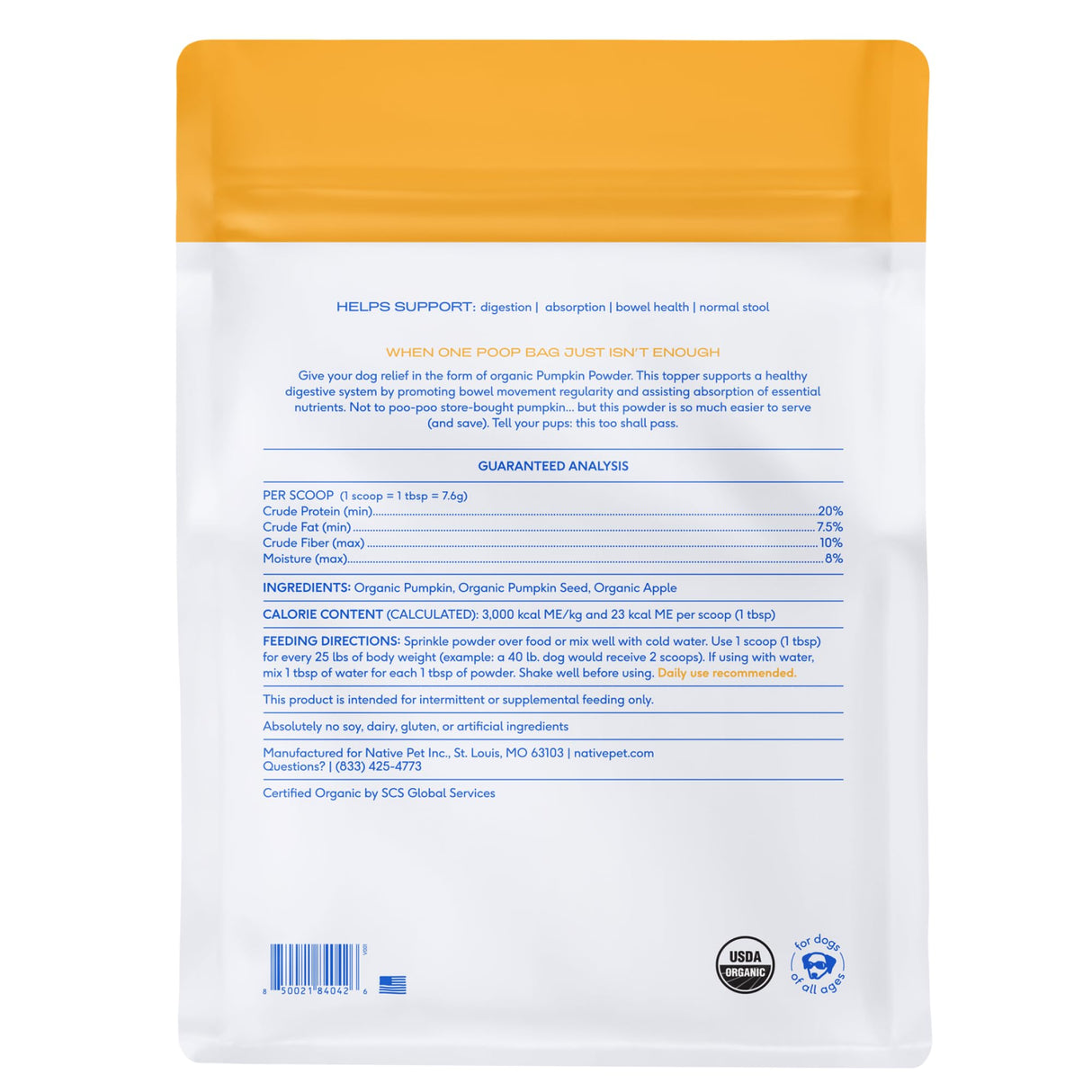 Native Pet Pumpkin for Dogs - Organic Powder Pumpkin Puree Dog Food Toppers-Rich in Fiber Supplement Powder Helps with Digestion, Nutrient Absorption, Diarrhea, Constipation & Upset Stomach-120 Scoops