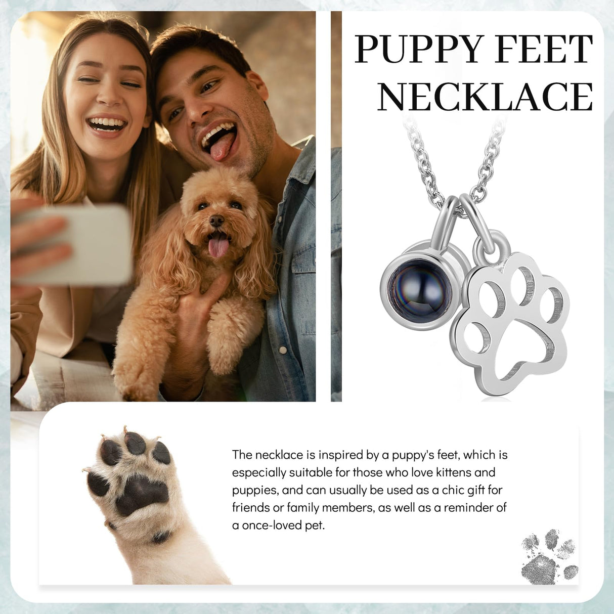 Custom Necklace with Picture Inside Personalized Pet Photo Projection Necklace Dog Cat Paw Pendent Necklace Customized Picture Memorial Jewelry Gifts (Silver)