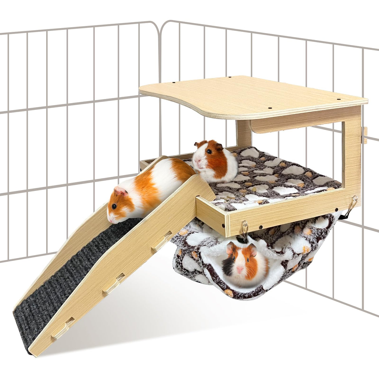 DCIAER Guinea Pig Hideout，Natural Wood Removable Guinea Pig Bed, Small Animal Habitat with Hanging Hammock/Staircase/Cushion, Suitable for Small Animals to Hide, Rest, Play