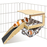 DCIAER Guinea Pig Hideout，Natural Wood Removable Guinea Pig Bed, Small Animal Habitat with Hanging Hammock/Staircase/Cushion, Suitable for Small Animals to Hide, Rest, Play