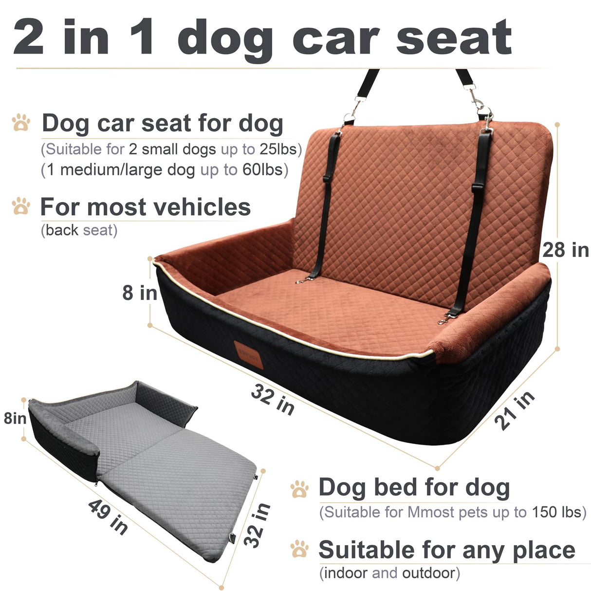 Youvee Dogs Car Seat and Bed 2 in 1,Pet Car Bed for 2 Small or 1 Medium/Large Dog up to 60 lbs,Dog Booster for car Back Seat,Comfortable,Fully Detachable and Washable(Black Outside Grey Inside)
