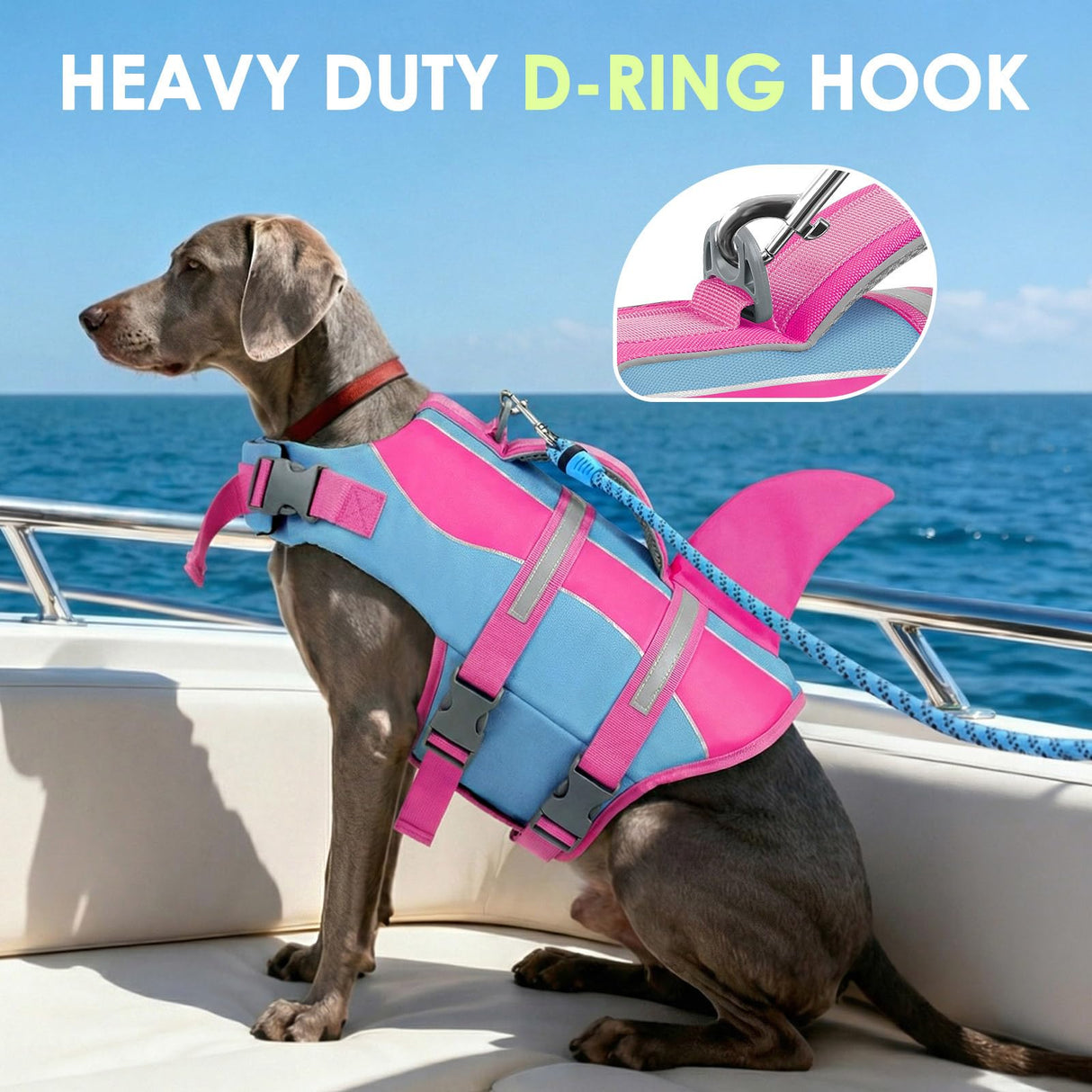 SUNFURA Dog Life Jacket - Shark Dog Life Vest for Swimming Boating, Reflective Lifejacket with High Buoyancy and Rescue Handle, Adjustable Lifesaver for Small Medium Large Breeds, Blue Pink M