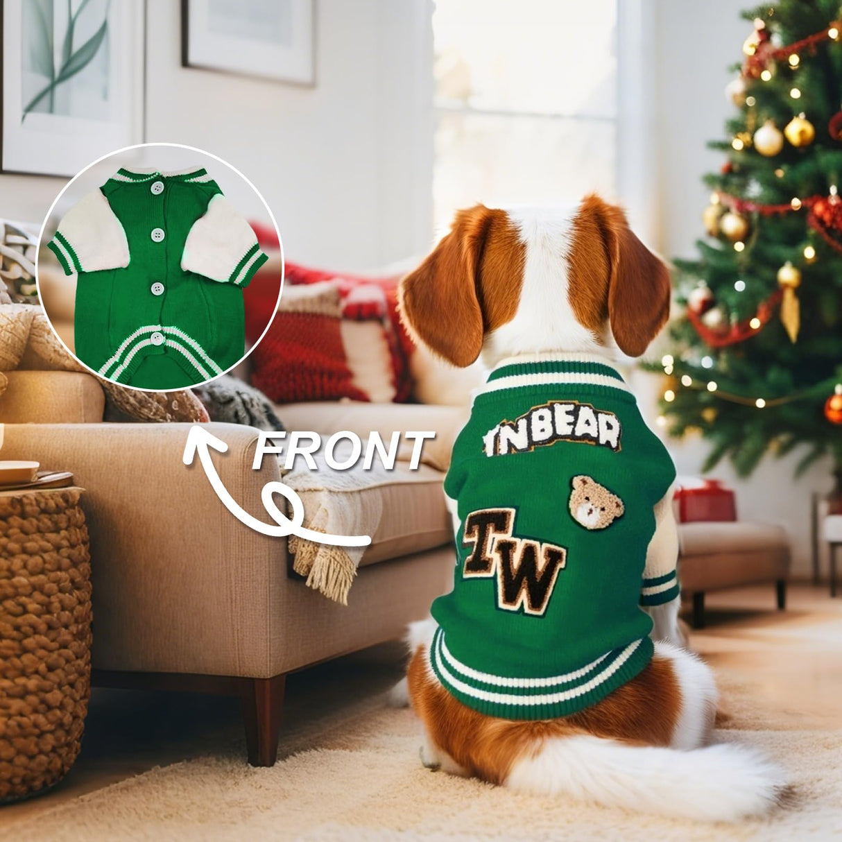 Floofelove Christmas Dog Sweaters for Small Dogs, Jacket Cute Warm Dog Clothes Basketball Coat Knitted Bear Design for Puppies(Green,3 to 6lbs,S)