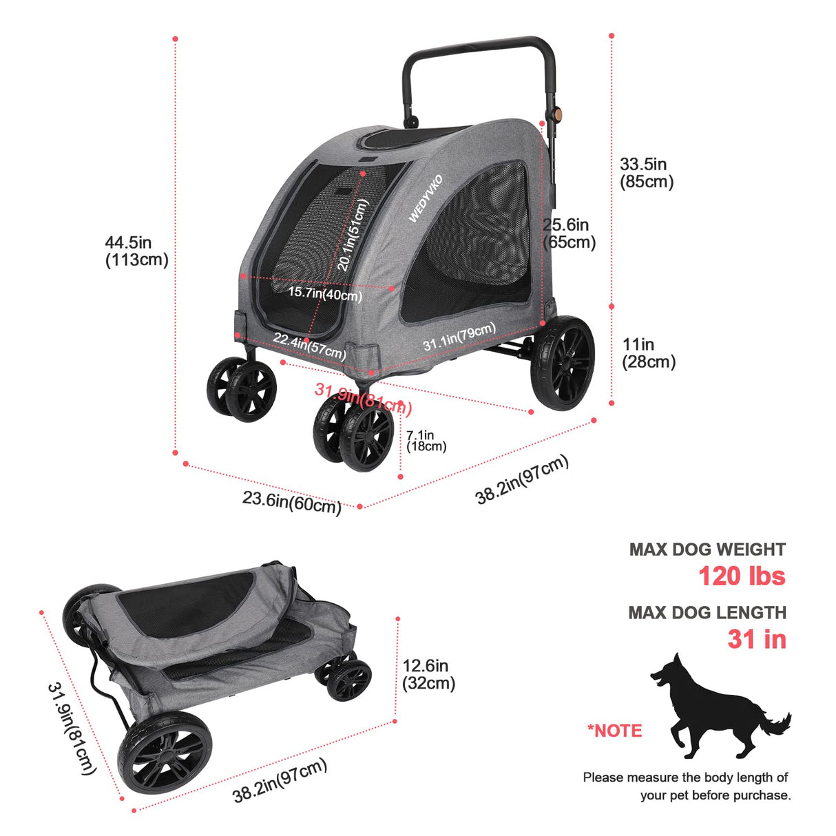 Dog Stroller for Extra Large Dogs, 4 Wheels Dog Cat Stroller, Foldable Pet Bike Trailer, Folding Carrier with Adjustable Handle, Sunroof, Rear Brake, Security Leash (Dark Grey)