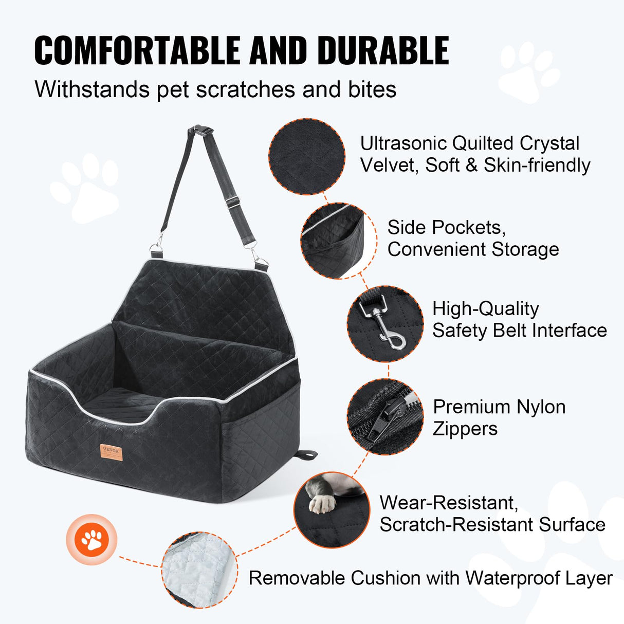VEVOR Dog Car Seat, Waterproof Dog Booster Seat for Car with Side Handles and a Storage Pocket, Clip-On Safety Leash and PP Cotton Filling, Vehicle Bed for Small Dogs up to 25lbs, Gray