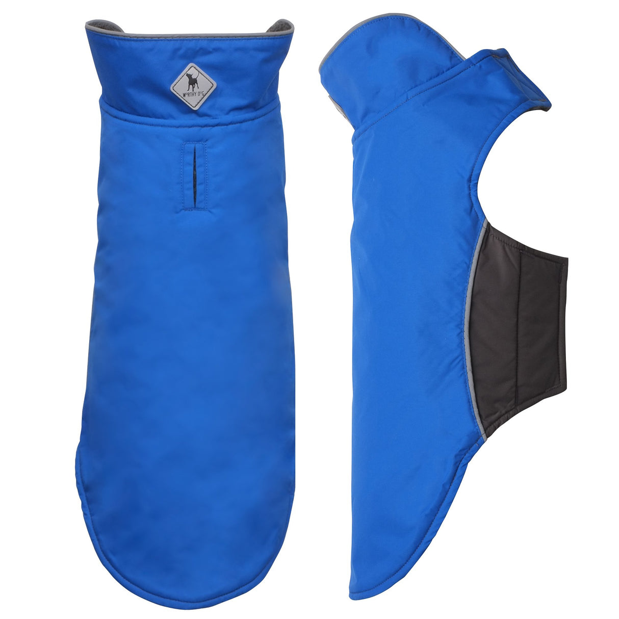 THE WORTHY DOG Apex Dog Jacket – Water-Resistant, Fleece-Lined, Adjustable Fit with Reflective Trim & Harness Hole – Three-Season Pet Coat, Machine Washable - Blue, 18