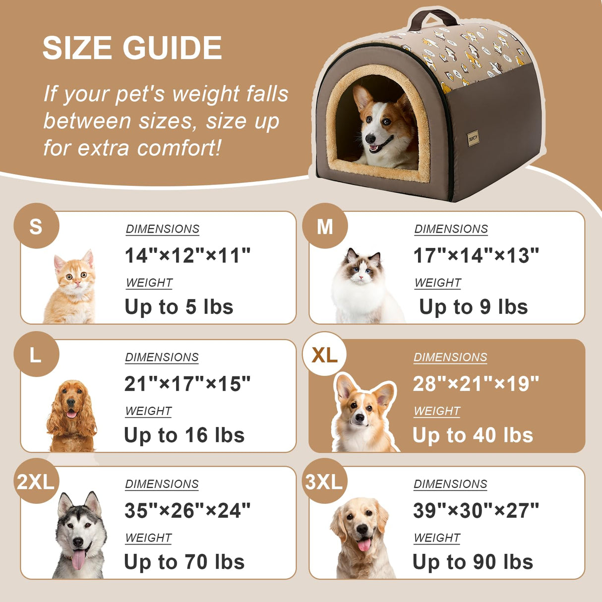 Jiupety Indoor Dog House, 2-in-1 Portable Foldable House Bed with Cover, Pet Tent & Cave Bed for Medium Dogs, XL(28"×21"×19"), Up to 40 Lb, Brown