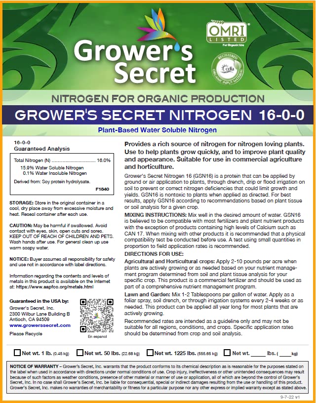 1lb Organic Nitrogen 16-0-0 Grower's Secret Water Soluble Farm-Grade Garden Fertilizer With Soy-Based Amino Acids Good For Leafy Greens & Vegetative Growth