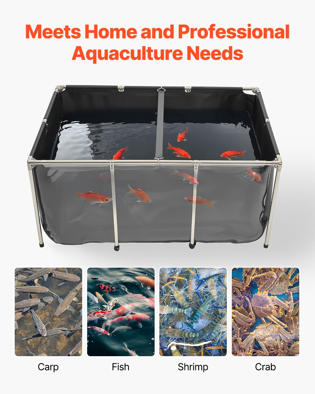 VEVOR Canvas Fish Pond, 270 Gal Above Ground Fish Pond, PVC Koi Tank with Clear Viewing Panel, Rectangular Goldfish Tank with Stainless Steel Frame & Drain Valve, for Breeding Koi, Irrigation(Black)