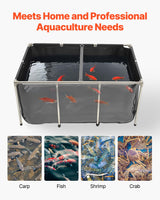 VEVOR Canvas Fish Pond, 270 Gal Above Ground Fish Pond, PVC Koi Tank with Clear Viewing Panel, Rectangular Goldfish Tank with Stainless Steel Frame & Drain Valve, for Breeding Koi, Irrigation(Black)