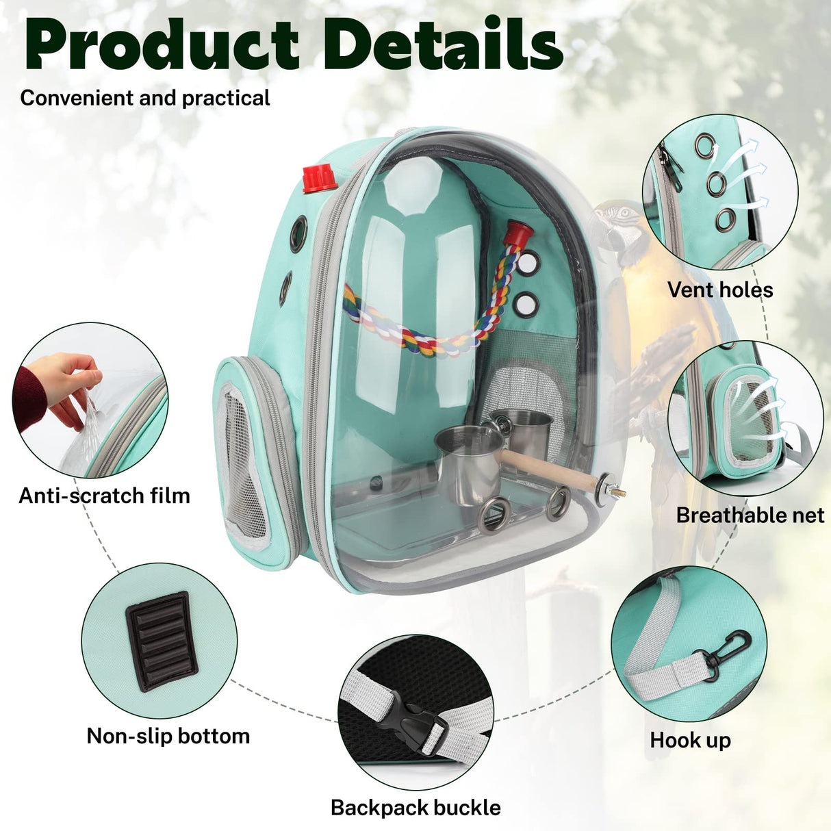 Rypet Bird Carrier Backpack Parrot Portable Breathable Bag Pet Bird Lightweight Travel Cage with Standing Perch and Stainless Steel Tray（Mint Green）