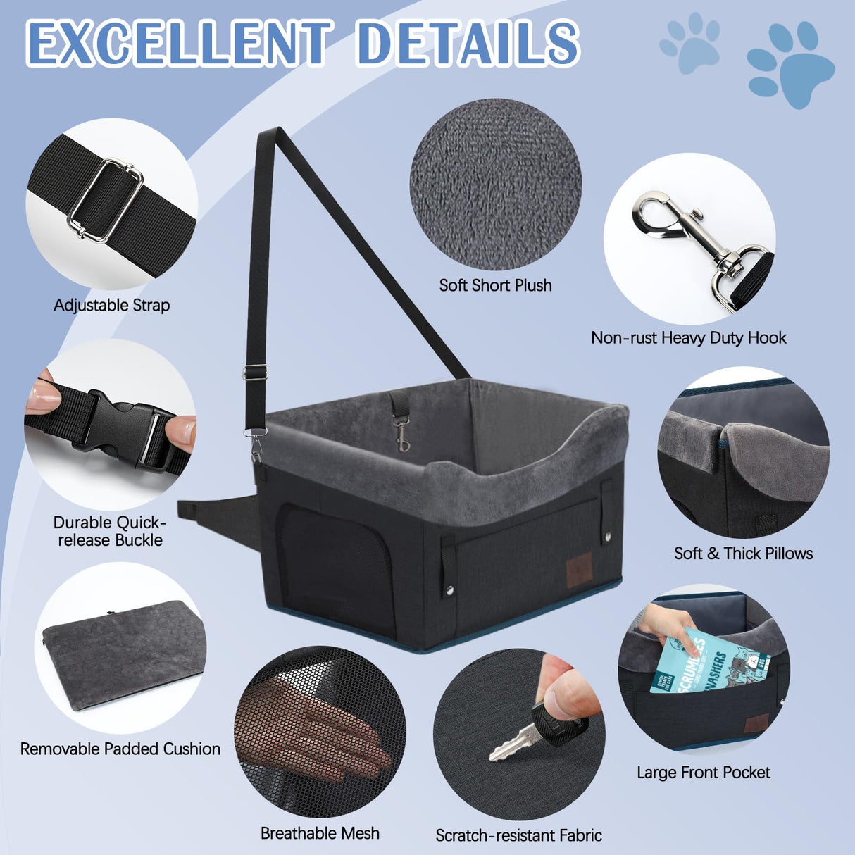 PetsHome Dog Car Seat for Small Dogs, Detachable Washable Dog Booster Car Seat with Storage Pocket, Breathable Mesh, Safety Leash, 2 Count Adjustable Straps for Small Pets Up to 25lbs-Black