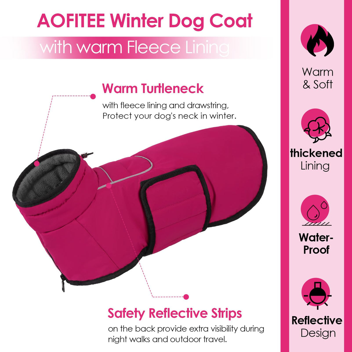 AOFITEE Dog Winter Coat, Waterproof Dog Jacket, Dog Coat with Harness Hole, Warm Fleece Dog Puffer Jacket, Reflective Windproof Dog Snowsuit for Small Medium Large Dogs, Dachshund, French Bulldog, L