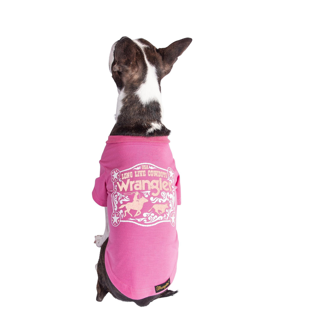 Wrangler Dog Shirt – Western Cowboy Rope Logo Pet Tee for Small to XL Dogs – Pull-on Machine Washable Dog T-Shirt (Pink, XS)