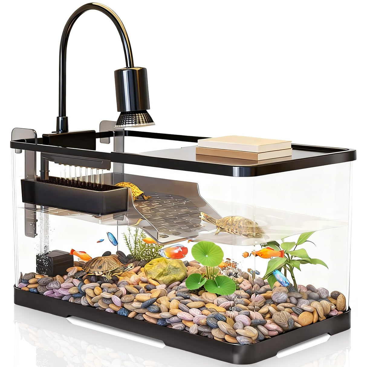 (Tank + Light +Pump + Filter + Filter Balls) Turtle Tank Kit, Turtle Tank Starter Kit,Bottom Drainage, Multi-Function Areas for Turtles, Crabs,Fishes, Amphibians,Reptiles. (21.65 x 12.28 x12.28 Inch)