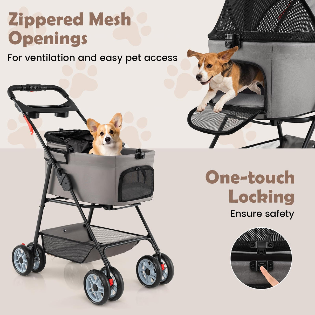 PETSITE 4 Wheels Pet Stroller, One-Click Foldable Dog Strollers for Small Dogs with Detachable Carrier, Breathable Mesh, Waterproof Cover, Storage Basket, Cup Holders, Ideal for Dogs Cats up to 33 lbs