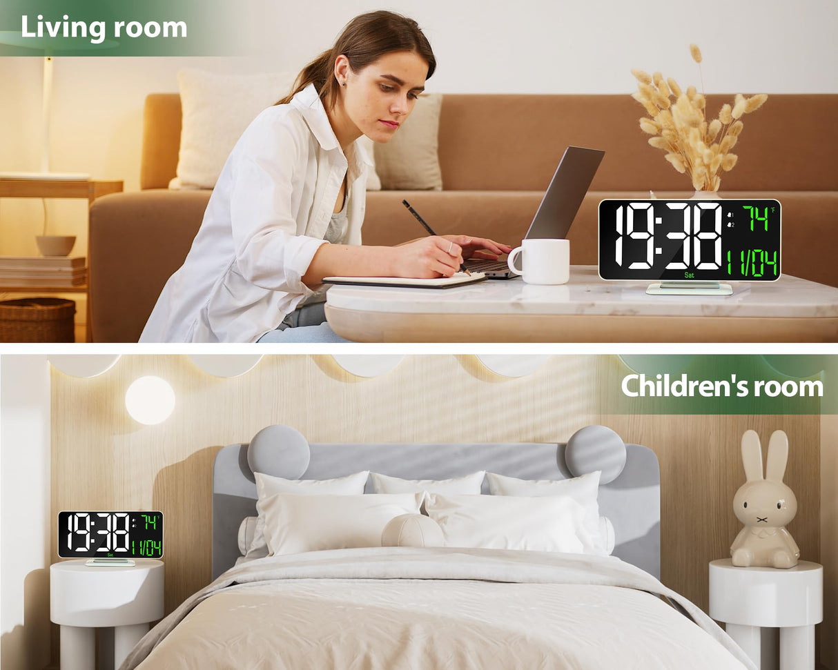 Neasroe Digital Alarm Clock, 6.7" Mirror Clocks Large Numbers LED Display for Bedrooms - Auto Dimmer, Time and Date, Room Temperature, Snooze, 12/24 Hour for Teens, Elderly, USB Powered(White)
