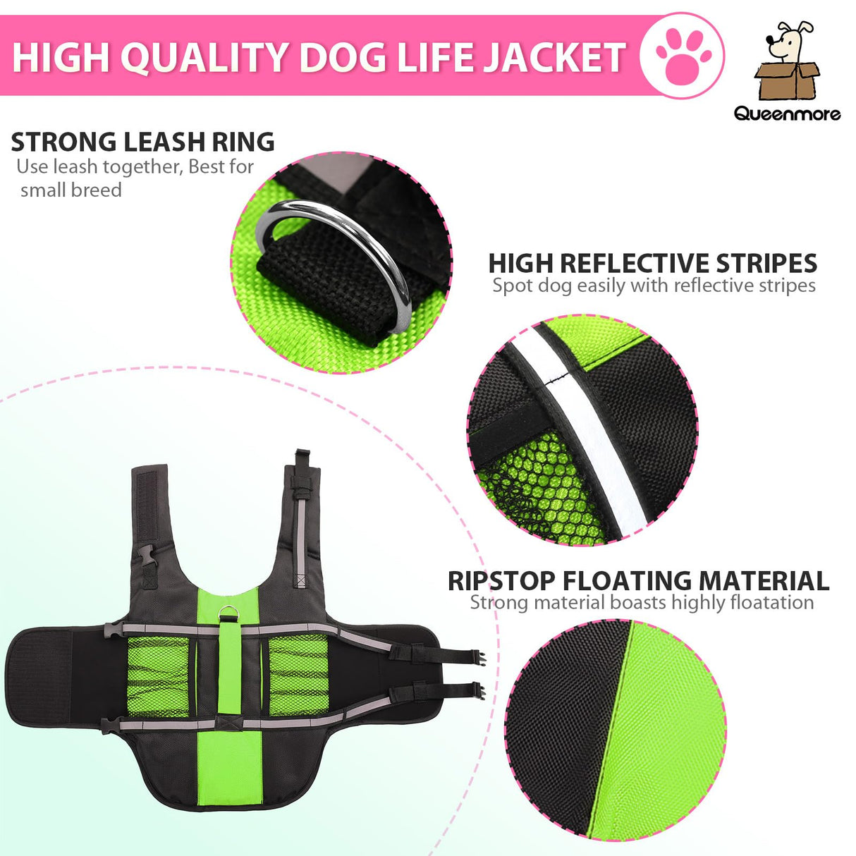 Queenmore Dog Life Jacket Lifesaver Preserver High Buoyancy with Emergency Grab Handle for Small & Medium Dogs Green, Large