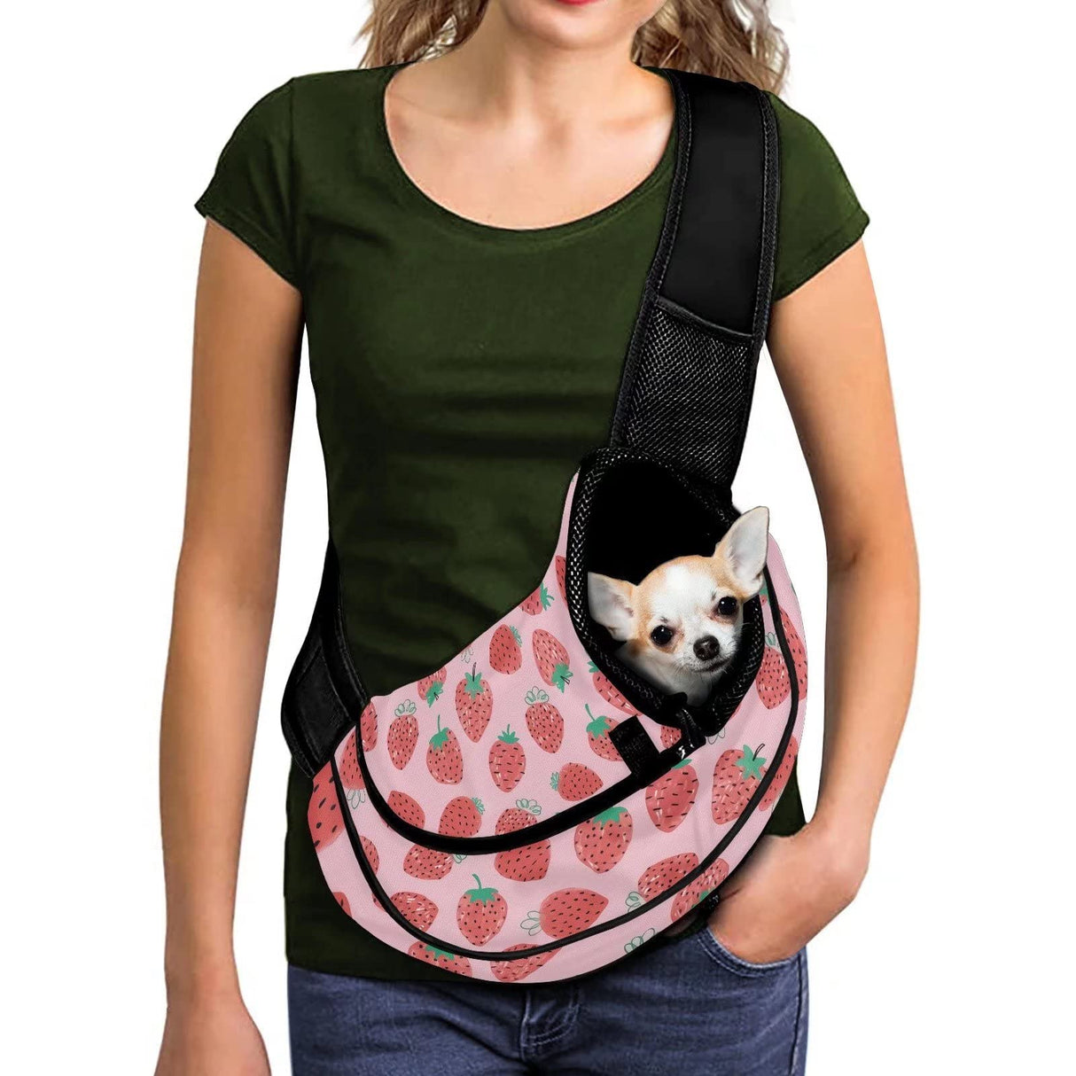FUSURIRE Strawberry Printed Pet Carrier Sling Bag Pink Front Sling Pack Breathable Mesh Dog Pouch with Adjustable Strap Washable Travel Shoulder Bag for Cats Dogs Puppy